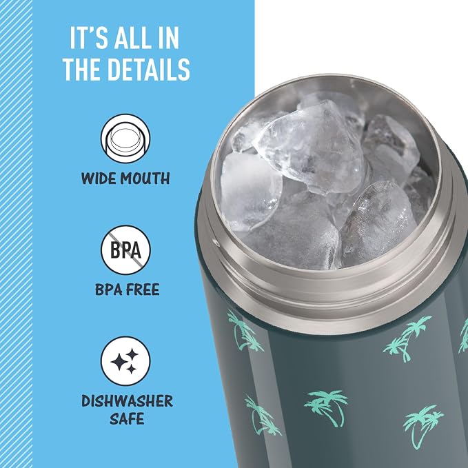 THERMOS FUNTAINER 16 Ounce Stainless Steel Vacuum Insulated Bottle with Wide Spout Lid, Palm Trees