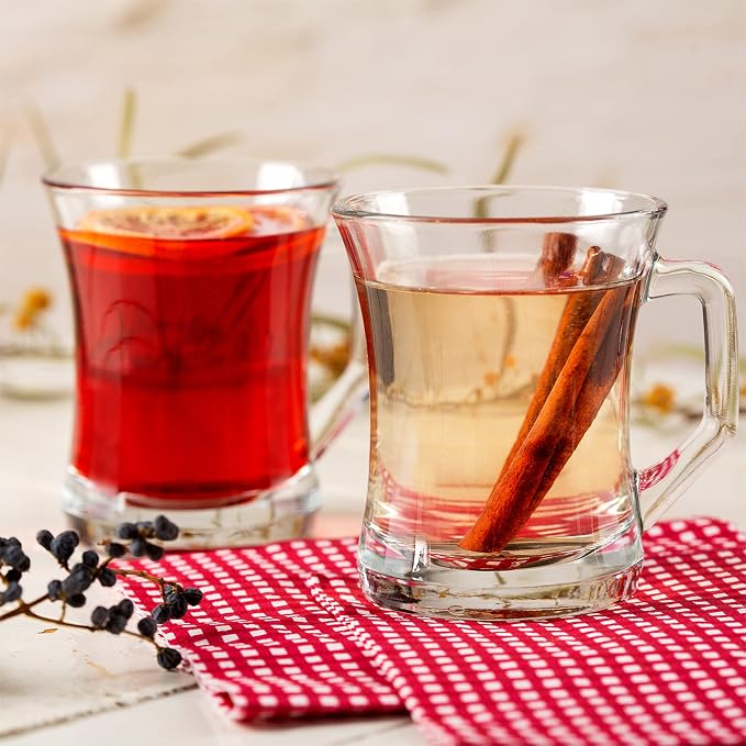 Volarium Glass Coffee Mugs with Handle, 7.5 oz Clear Glass Tea Cups for Hot or Cold Drinks, Set of 6
