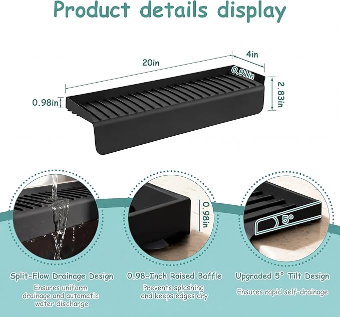 Silicone Sink Edge Protector Splash Guard,Sink Granite Edge Protector,20x4 Inch with Suction Cups & 5°Tilt, Cuttable for Kitchen Bathroom Countertops, Granite Quartz Surfaces (Black)