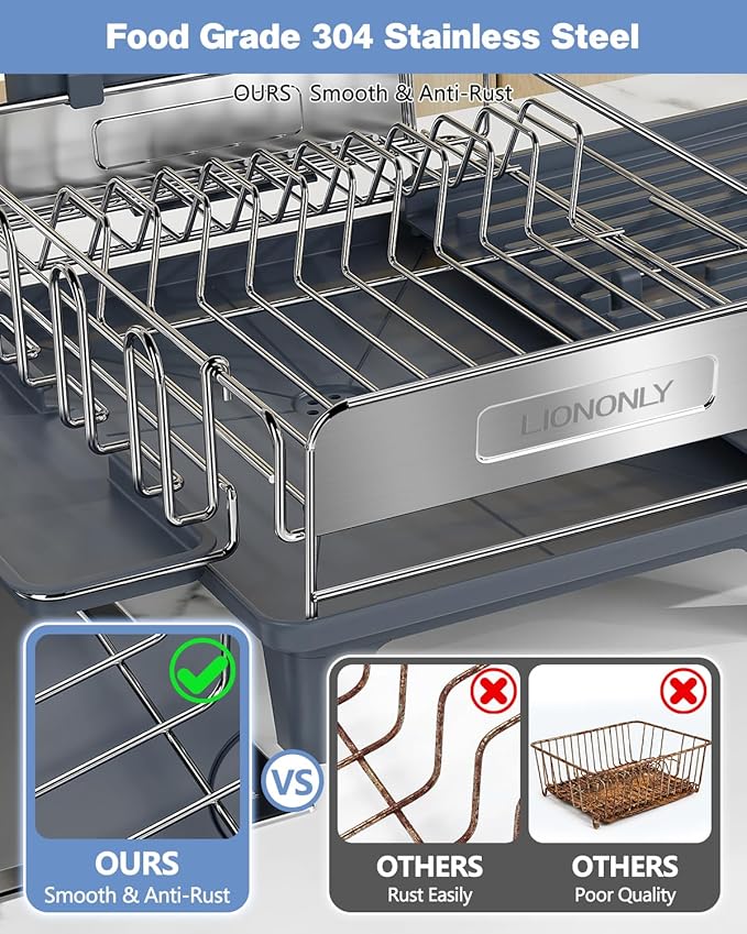 Expandable Dish Drying Rack, Dish Racks for Kitchen Counter, Stainless Steel 304, Flip-Top Retractable Plate, Multi-Directional Adjustable Dish Rack, Space Saving Large Drying Rack Kitchen, Gray