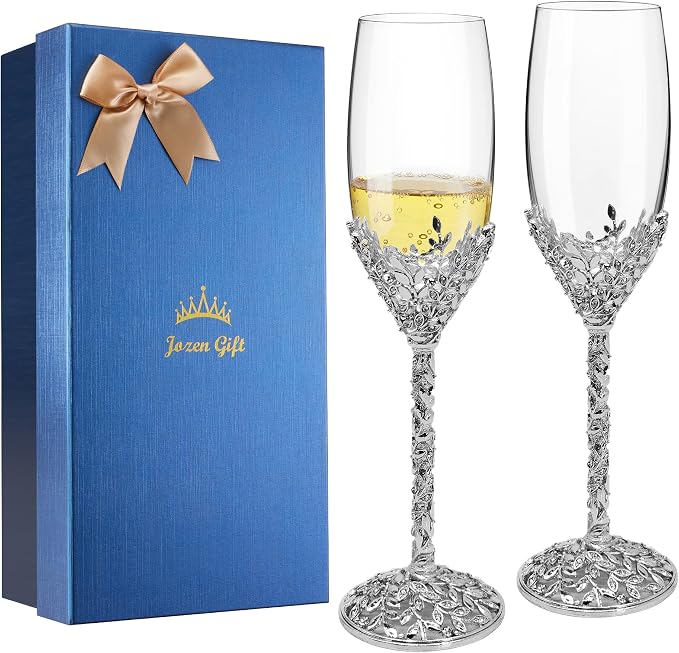 Silver Champagne Flutes -His and Hers,Wedding Toasting Glasses for Engagement Celebrations, Bridal Shower and Registry Idea, Tall Wine Glasses for Bride and Groom Gifts,7oz (Chrome)