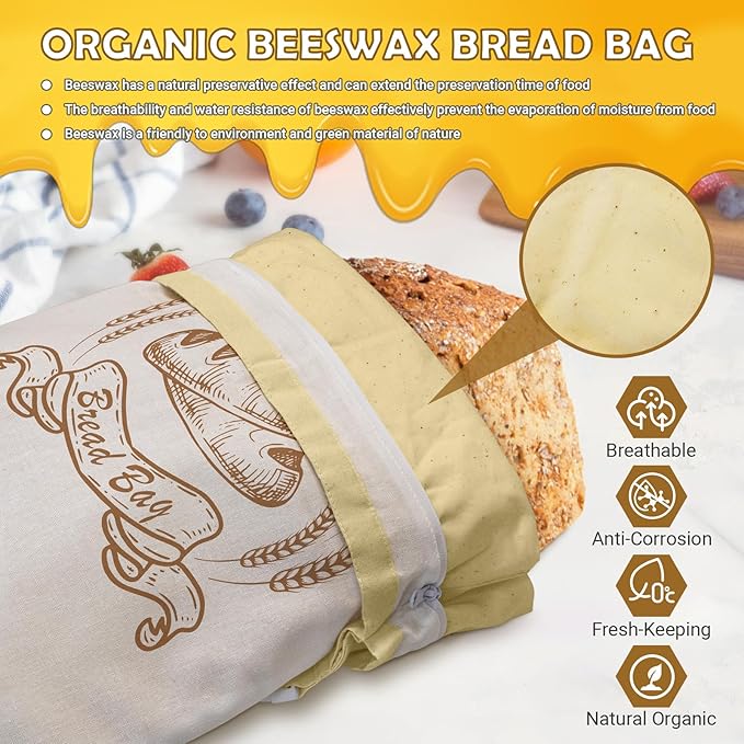 Large Linen Beeswax Bread Bags Sourdough Bread Bags Reusable Double-Lock Freezer Baking Container Gift Giving for Homemade,Loaf,Sourdough,Food Storage (Plain Colour 1 PCS)