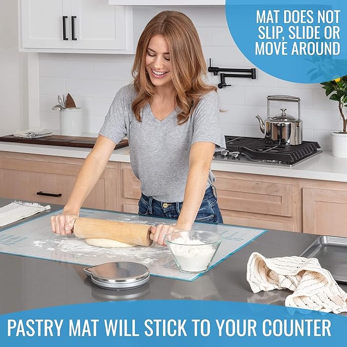 KPKitchen Silicone Pastry Mat and 4-Piece Liquid Measuring Cups Set - Extra Large Baking Mat For Rolling Out Dough - 100% Silicone & BPA Free - Includes Mini Ounce, 1, 2 and 4 Plastic Cup Sizes