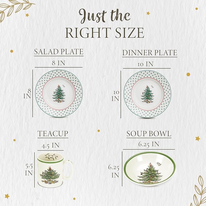 Spode Christmas Tree 4-Piece Dinnerware Setting | Fine Earthenware, Dishwasher & Microwave Safe, Holiday Tableware, Includes Plates, Bowls, Mug