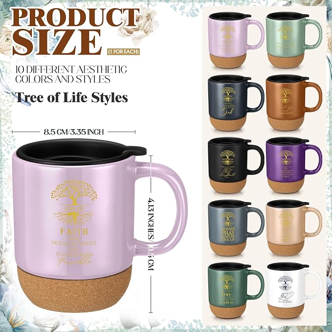 Jingmore 10 Pcs Christian Gift Bulk Religious Mugs with Bible Verse Coffee Cup 15oz for Teacher Nurse Women Men Church Member Employee Mom Dad Clergy Pastor(English Tree of Life)