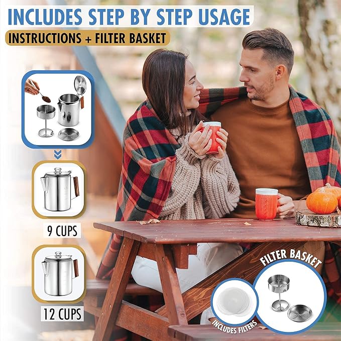 Eurolux Percolator Coffee Maker Pot - 12 Cups | Durable Stainless Steel Material | Brew Coffee On Fire, Grill or Stovetop | No Electricity, No Bad Plastic Taste | Ideal for Home, Camping & Travel