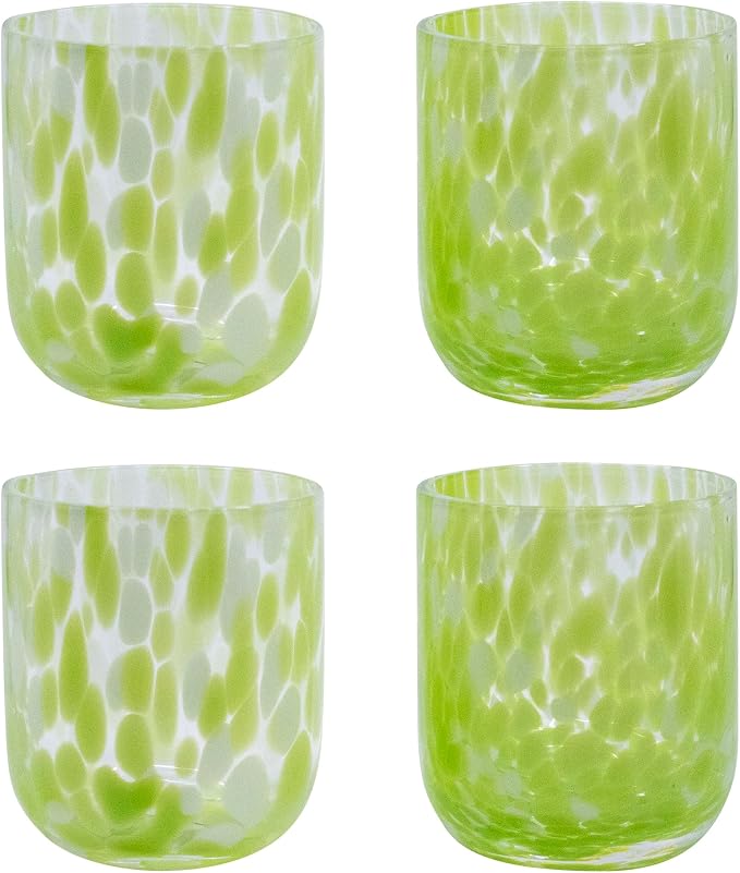 Stephanie Imports Set of 4 Handcrafted Double Old-Fashioned Confetti Drinking Glasses (12 oz) (Pear Green & White)