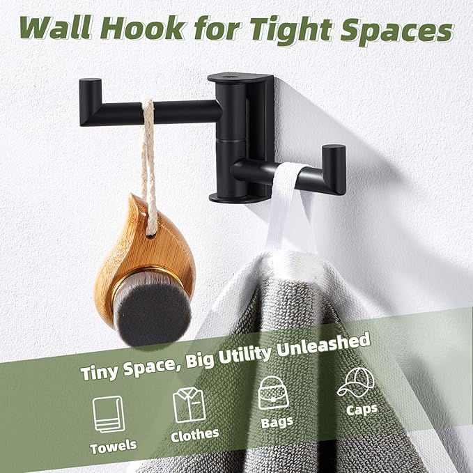 APLusee Swivel Towel Hook 2 Arms Matte Black, 304 Stainless Steel Bathroom Double Towel Holder, Folding Robe Hook Wall Mounted
