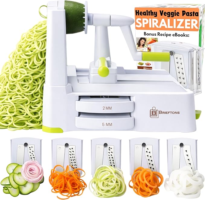 Brieftons 5-Blade Vegetable Spiralizer: Best Zucchini Spiral Slicer & Veggie Noodle Maker, Japanese Steel Blades, Strong Suction Cup, Blade Caddy, 4 Recipe eBooks | Low Carb, Vegan, Paleo, Gluten-Free