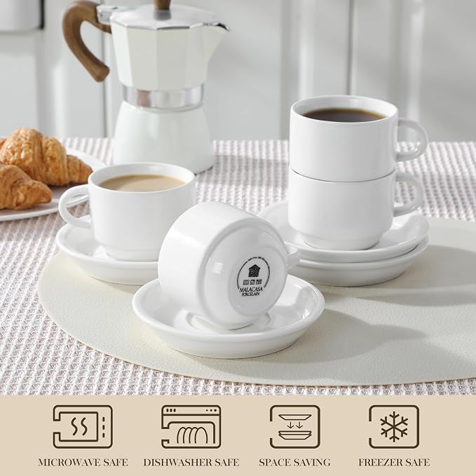 MALACASA 4 OZ Porcelain Espresso Cups with Saucers and Metal Stand Set of 4, Stackable Cappuccino Cups, White Expresso Shots Cup Set for Coffee Drinks, Latte, Tea