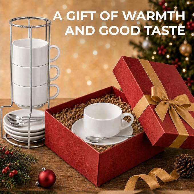 8 Ounce Cappuccino Cups Set of 4, White | Stackable Cappuccino Mugs, Includes Display Stand, Cups Saucers, and Spoons, for Machines & Home Use, Silver Stand