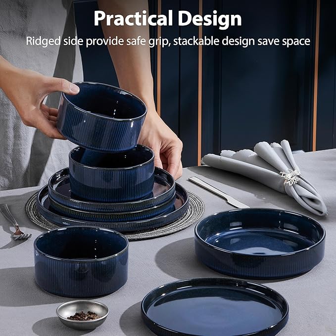 LIANYU Dinnerware Sets with Pasta Bowls for 4, 16 Piece Dishes Plates and Bowls Set, Microwave & Dishwasher Safe Ceramic Stoneware, Scratch Resistance Dinner Salad Plates, Twilight Blue