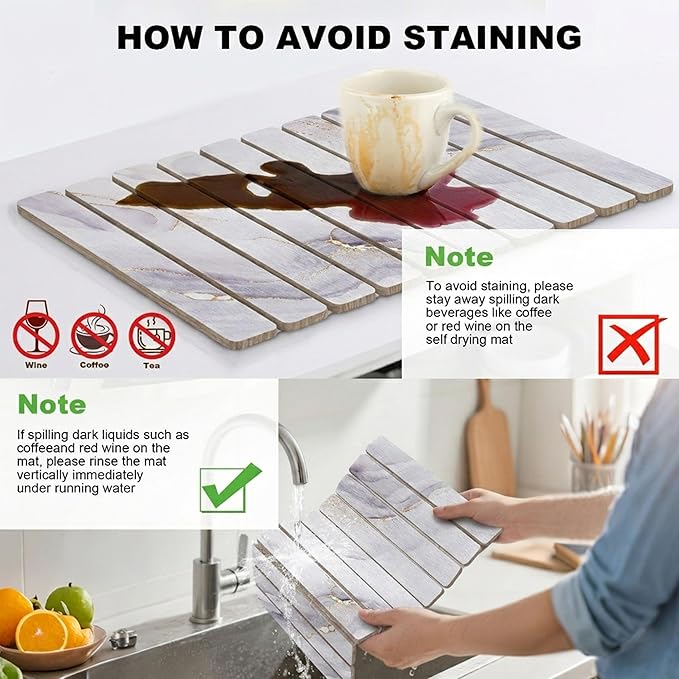 Stone Drying Mat for Kitchen Counter, Quick Diatomaceous Earth Mats for Dishes, 23.6"L x 15.7" W Super Absorbent Fast-Drying Collapsible Countertop Stone Mat (Marble White-04, 24" x 16")