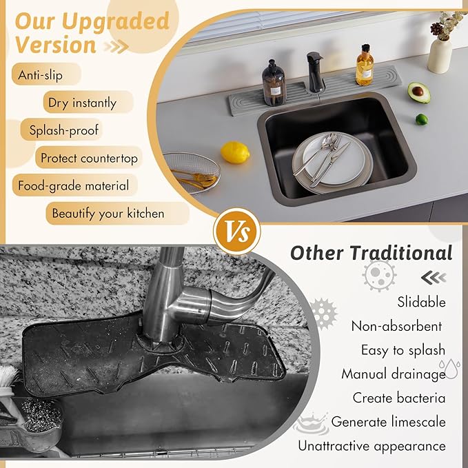 Stone Faucet Mat For Kitchen Sink, 20" Diatomite Fast Drying Stone Kitchen Sink Mat, Super Absorbent, Sink Stone Quick Dry Around Faucet, Stone Sink Splash Guard For Bathroom, Zen Gift, Light Grey
