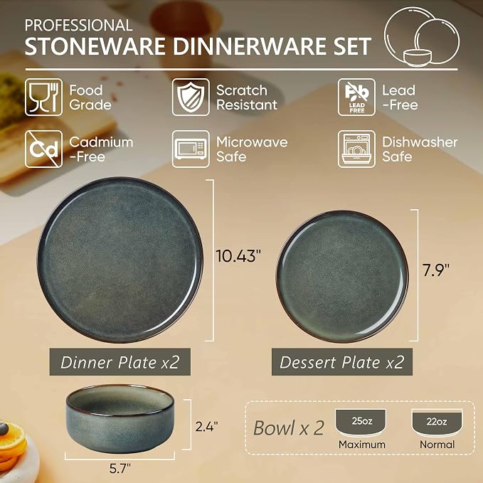 Herogo 6 Pieces Stoneware Dinnerware Set Service for 2, Dinner Plates and Bowls Sets, Double Reactive Glaze Dishes Set for Kitchen, Scratch Resistant, Microwave & Dishwasher Safe, Moss Green
