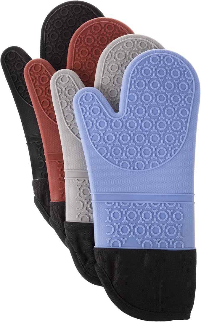 Silicone Oven Mitts – Extra Long Professional Quality Heat Resistant with Quilted Lining and 2-sided Textured Grip – 1 pair Black by Bedford Home