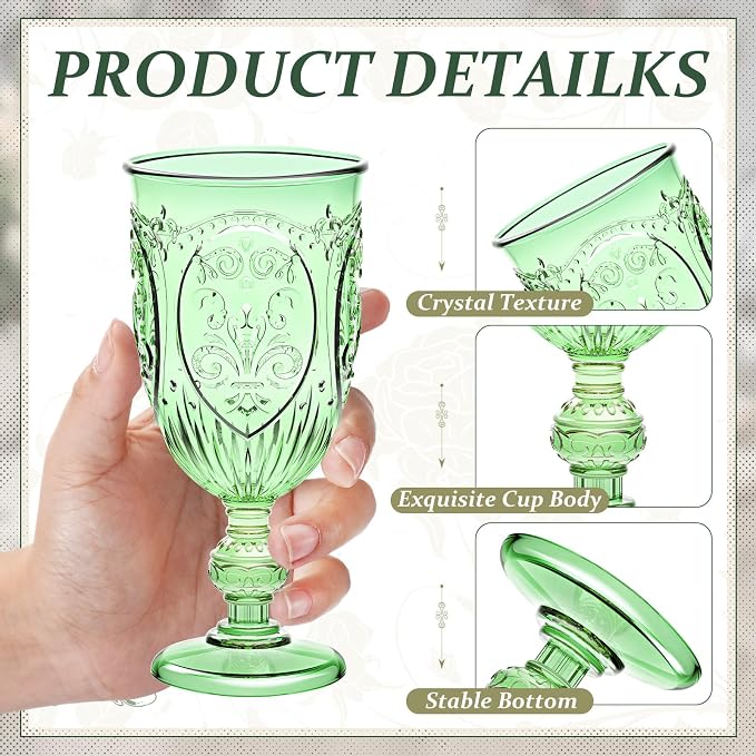 Wiwiqing 6 Pcs Plastic Goblets 7.5oz Vintage Goblet Plastic Wine Glasses Colored Retro Embossed Water Goblets for Wine Bar Juice Baby Shower Wedding Reception Grand Event Party (Green)