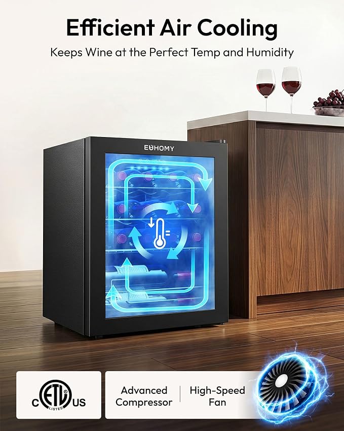 EUHOMY 16 Bottle Wine Cooler Refrigerator, Compressor Wine Fridge with Glass Door, Freestanding Wine Cellar with Digital Temp Control & LED Light for Red White Wine Beer Home Bar Office, 1.7 Cu.Ft