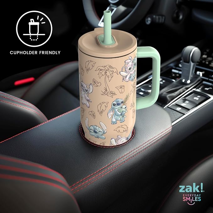 Zak Designs Disney Sutton Travel Tumbler for On the Go, 30oz Stainless Steel with Vacuum Insulation, Silicone Straw, and Carry Handle for Cold Drinks (Stitch, Angel)