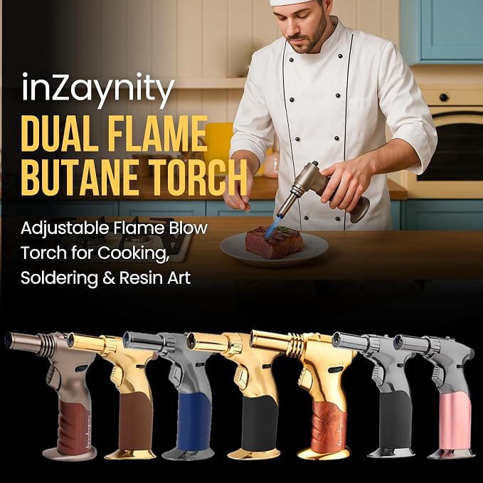 Dual Flame Butane Torch - Refillable Handheld Blow Torch for Cooking, Soldering, & Resin Art w/Adjustable Flame & Ignition Lock - Kitchen Blow Torch & Luxurious Gift Box by inZaynity® - Brown Steel
