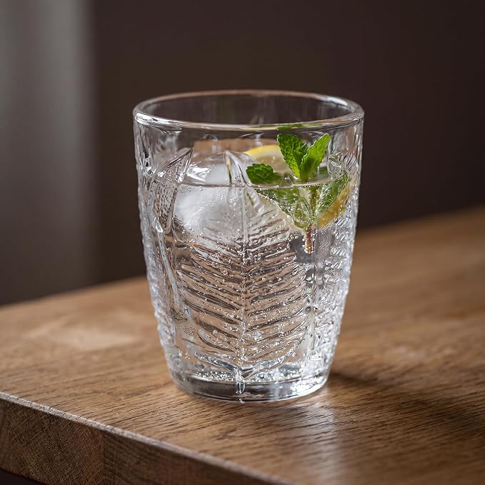 Vintage Drinking Glasses Set of 4, 10 oz Hand-Pressed Clear Glass Cups, Fern Embossed Retro Glassware, Textured Tumblers for Water, Cocktails & Juice, Decorative Kitchen Drinkware, Unique Boho Gift