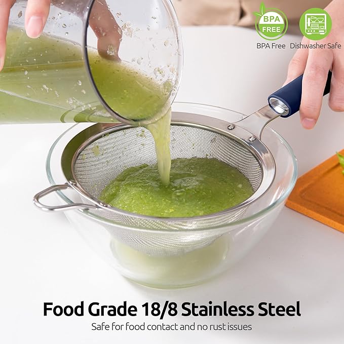 18/8 Stainless Steel Mesh Strainer: U-Taste 5.5 Inch Kitchen Fine Mesh Sieve Food Colander with Riveted Sturdy Silicone Handle and 30 Mesh Hole for Straining Flour, Pasta, Fruit, Quinoa(Midnight Blue)