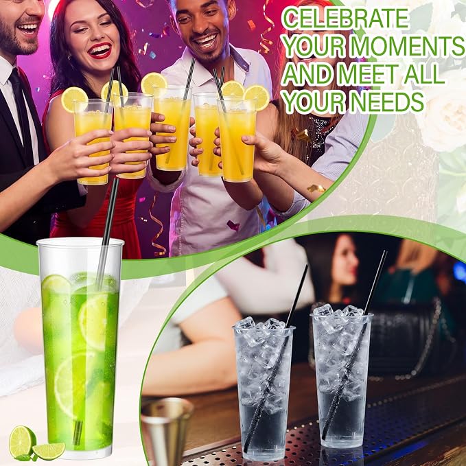 Plastic Highball Glasses with Straws(set of 48), 32 oz Shatterproof Drinking Cups, Tall Whiskey Collins Glass with Straws, Smoothie Tumbler Mojito Cocktail Cups for Wedding Fall Xmas Party