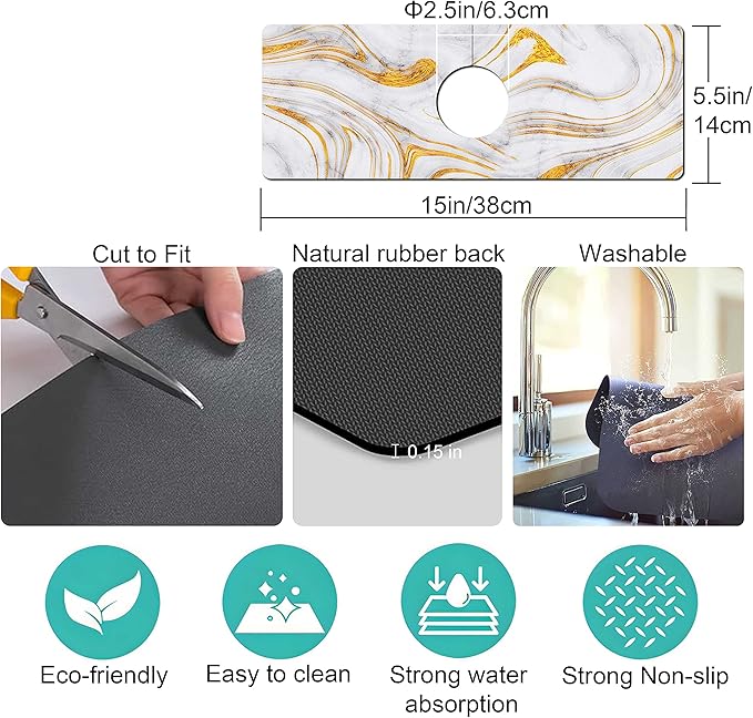 Kitchen Sink Splash Guard Faucet Mat Super Absorbent Fast Drying Mat Sink Gadgets Splash Guard Behind Faucet Drip Catcher for Kitchen (Marbling, 15x5.5in)