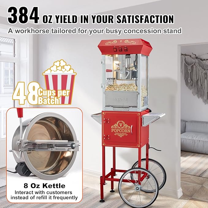 VEVOR Commercial Popcorn Machine, 8 Oz Kettle, 850 W Popcorn Maker on Wheels for 48 Cups per Batch, Theater Style Popper with 3-Switch Control Steel Frame Tempered Glass Doors Cart 1 Scoop 2 Spoons | 850W Theater Style Popper, On Wheels, 48 Cups per Ba...