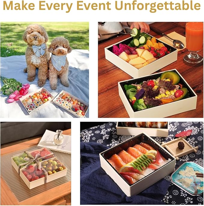 Disposable Bento Boxes with Lids, Wooden Bowls for Lunch/Snack Box, Oil/Seepage-proof Poplar Catering Tray w/Wax Paper & Gloves, 25 PCS Microwave/Freezer Safe Take-out Bento Box for Hot/Cold