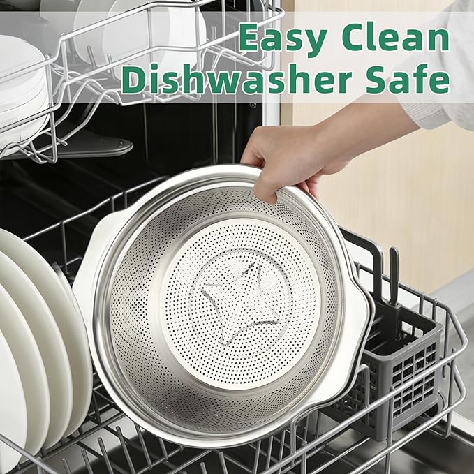Colander for Kitchen Stainless Steel, 4QT Rice Strainer Bowl with Handle for Washing Pasta, Spaghetti, Vegetables, Fruit, Durable Use, Dishwasher Safe(2PC)