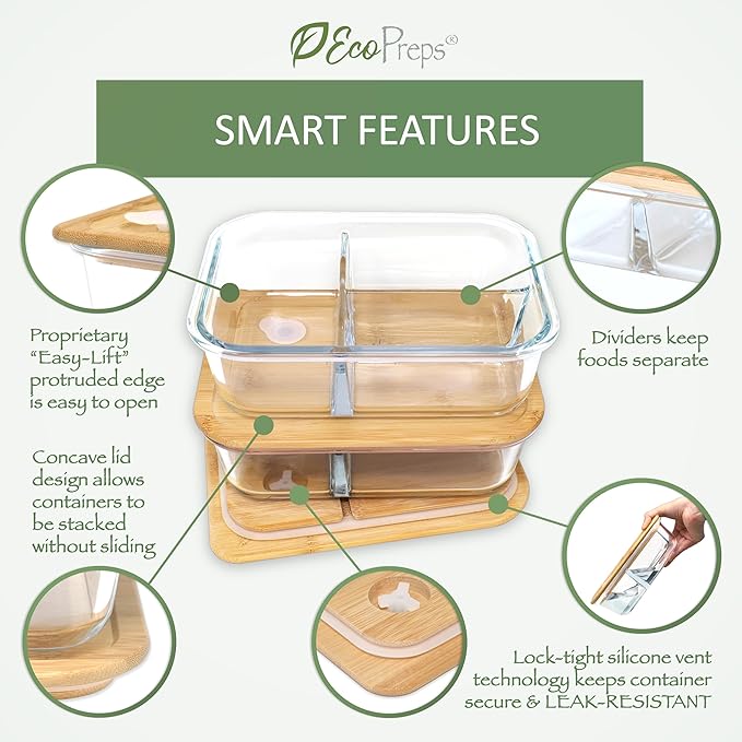 EcoPreps Large Glass Bento Box Containers with Bamboo Lids, 3 Compartment Glass Meal Prep Container Set (2 Pack, XL) - 100% Plastic Free, Eco-Friendly Lunch Containers, Bento Boxes for Adults