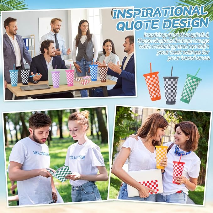 Feifeiya 72 Pcs/ 24 Set Summer Checkered Gifts Bulk 24 oz Checkered Tumbler with Lids and Straws Colorful Pens Notepads Set Plastic Cups Gift for Summer Party Favors Birthday