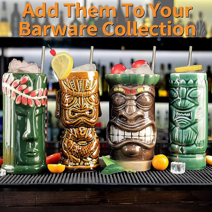 SuproBarware Tiki Mugs Set of 8 – Ceramic Hawaiian Party Drinkware, Tiki Bar Mugs for Cocktails, Premium Tropical Cups Drinks for Exotic Party