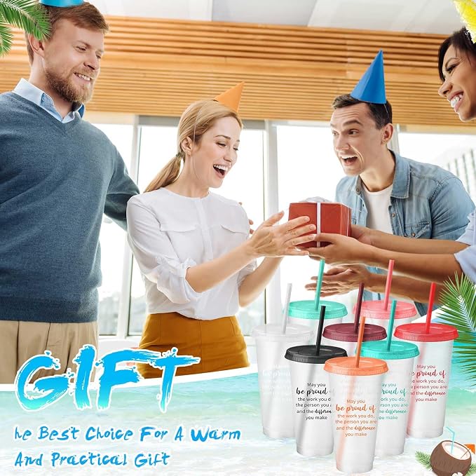 Dandat 16 Pcs Employee Appreciation Gifts Bulk 24 oz Thank You Cups Gift for Nurse Coworker Team Staff Teacher Inspirational Plastic Tumblers with Lids Straws (Clear)