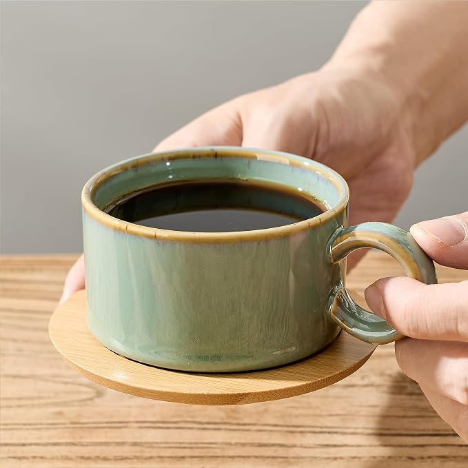LUKA 6 Ounce Porcelain Stackable Espresso Cups with Saucers and Metal Stand Set of 4, Ceramic Cappuccino Cups Set for Specialty Coffee Drinks, Latte, Cafe Mocha and Tea, Wild Sage Earth