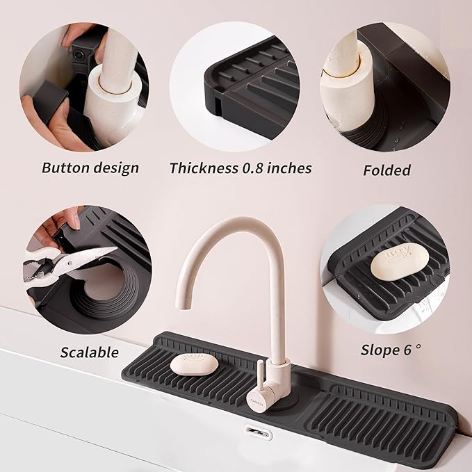 ZJWZLG Faucet Mat for Kitchen Sink (Black), 24"X5.5" Silicone Sink Splash Guard with Soap Holder, Snap-On Design & 7°slope Fast Drain, Folding Sink Faucet Mat for Universal sink matt for kitchen sink
