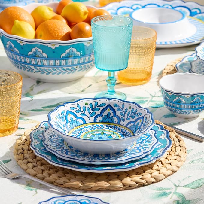 Porto 12 Pc. MELAMINE DINNERWARE SET, SERVICE for 4 – artistically designed Talavera Tile Art, Turquoise Blue Yellow Mandala