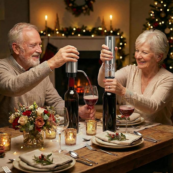 Rechargeable Electric Wine Opener Set, 4-in-1 Automatic Opener Kit with Aerator Pourer, Foil Cutter, Vacuum Pump and Stoppers - Ideal Gift for Mother's Day, Father's Day, Birthday and Anniversary
