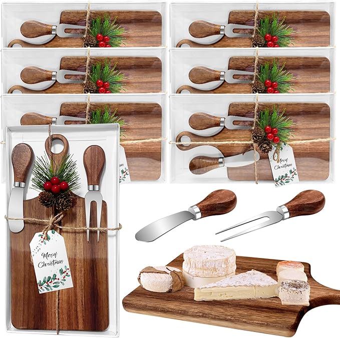 6 Set Christmas Gifts Bridal Shower Favor Acacia Wooden Square Cheese Board Gift Set With Knives, Mini Cutting Board Bulk Set, Tags and Boxes for Party Birthday