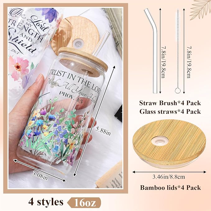 Mumufy 4 Pack Wildflower Glass Cups Gift Aesthetic Cute Glass Cup Tumbler Flower Iced Coffee Mugs 16 oz with Bamboo Lid & Straw, for Wedding Birthday Bridesmaid Mom Baby Shower
