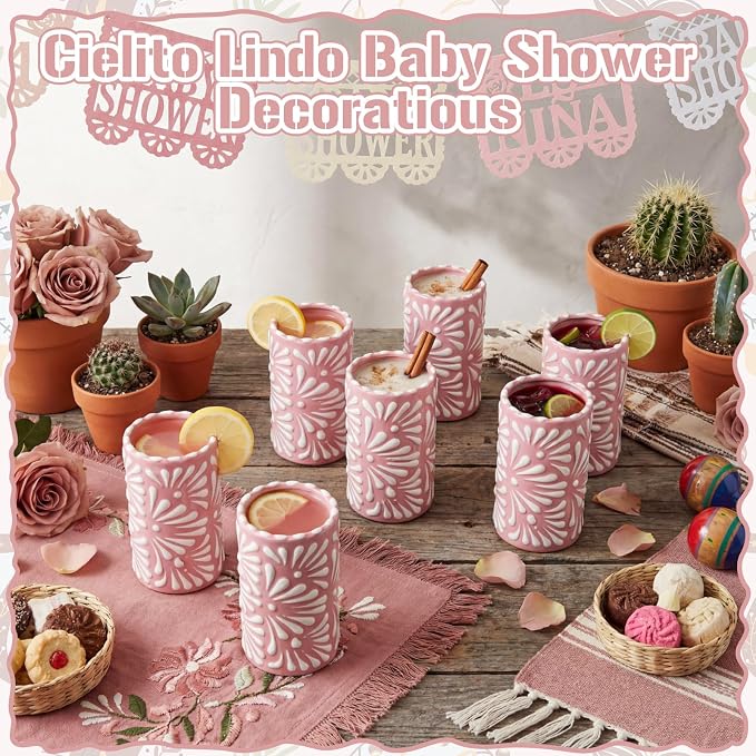 12 Set Cielito Lindo Party Favors Mexican Tequila Shot Glasses Mexican Pottery Gift Mugs for Tequila Lover Favors Birthday Party Supplies (Pink, Handleless)