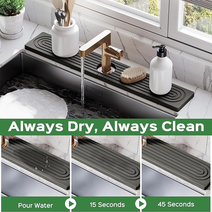 23.6 Inch Stone Faucet Mat for Kitchen Sink Splash Guard - Diatomite Quick Dry Stone Mat Kitchen Sink Protectors, Water-Absorbent Faucet Handle Drip Tray (Dark Gray, 23.6" x 3.9")