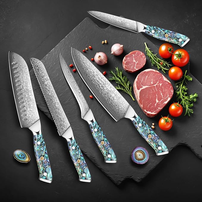 KEENZO Damascus Chef Knife Set 5 pcs, Professional Kitchen Knives Set, Chef's Knife, Santoku,Bread, Paring, Fillet, Utility,Sharp Blade Cooking Knife set, Ergonomic Abalone Shell handle with Gift Box