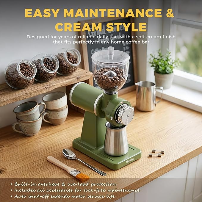 Electric Burr Coffee Grinders for Home Use, 8 Adjustable Settings Stainless Steel Flat Burr, Quiet Low Static Design for Espresso Pour Over French Press, Cream Style Green