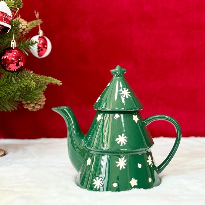 Domini Christmas Tree 28oz Teapot- Earthenware, Festive Holiday Serveware, Brewing Warm Winter Drinks - Beautiful Addition To Your Festive Table