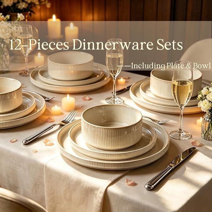 Dinnerware Sets, Plates and Bowls Set for 4, 12 Pieces Ribbed Dishes,Stoneware plates,Plates and Bowls Set for 4, Microwave and Dishwasher Safe Tableware