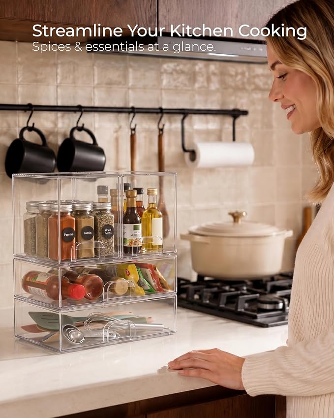 Stackable Storage Drawers Organizer Set of 4 for Bathroom Organizer Storage | Clear Plastic Organizer Bins for Baby Bottle, Kitchen Under Sink, Laundry, Pantry, Beauty, Cabinet, Medicine, Office Supplies