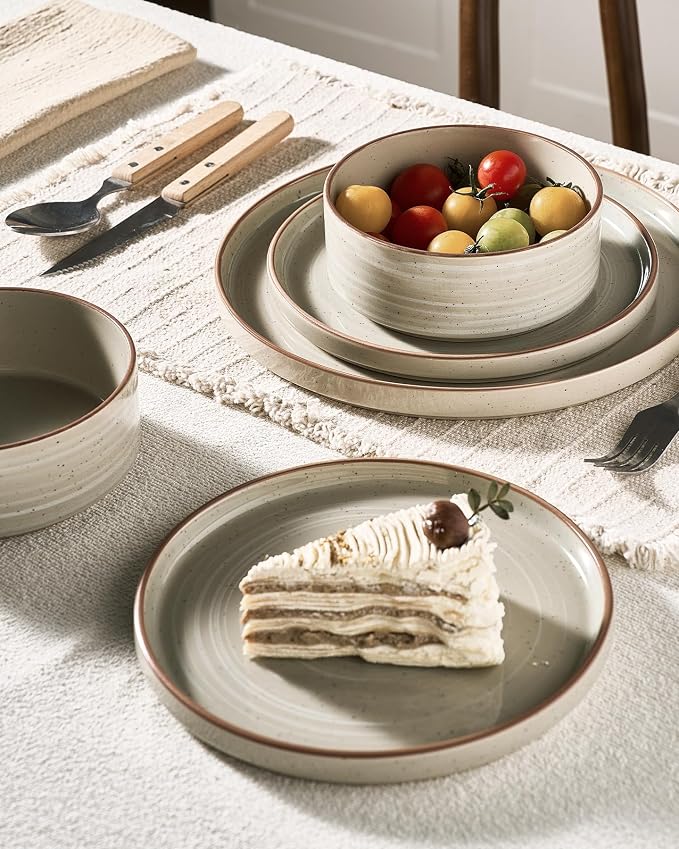 Famiware Stellar Stoneware Dinnerware Set, 12-Piece, Double Reactive Glaze, Plates and Bowls, Service for 4, Microwave and Dishwasher Safe, Scratch-Resistant, Matcha Green