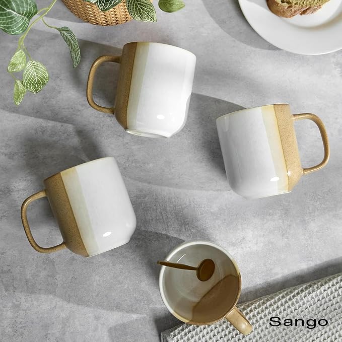 SANGO Phoebe Caramel/White Coffee Mugs Set of 4, 15 oz Stoneware Coffee Mug Set, Big Glossy Ceramic Tea Cup for Cappuccino, Latte, Cocoa, Large Coffee Cups with Handle, Microwave & Dishwasher Safe